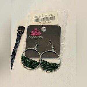Paparazzi Silver Hoops with Green Beads